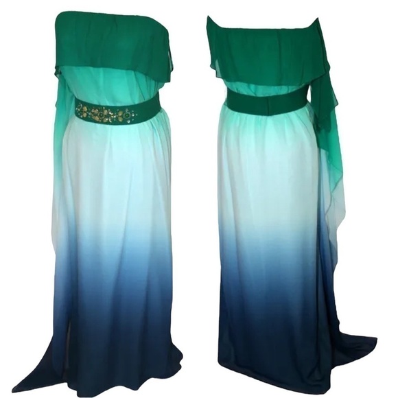 Bcbgmaxazria SILK  STRAPLESS CASCADING OMBRE CHIFFON BELT MAXI GOWN DRESS - Picture 7 of 12